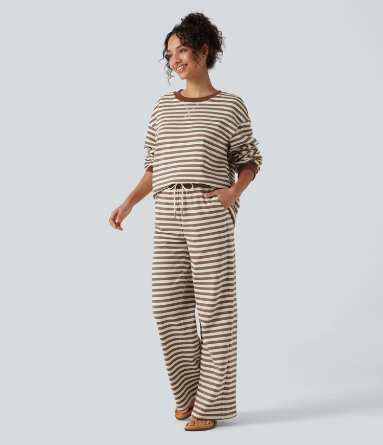 Mid Rise Drawstring Stripe Wide Leg Lounging Sweatpants with Pockets Mid Rise Drawstring Stripe Wide Leg Lounging Sweatpants with Pockets