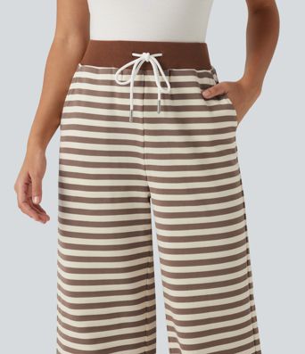 Mid Rise Drawstring Stripe Wide Leg Lounging Sweatpants with Pockets Mid Rise Drawstring Stripe Wide Leg Lounging Sweatpants with Pockets