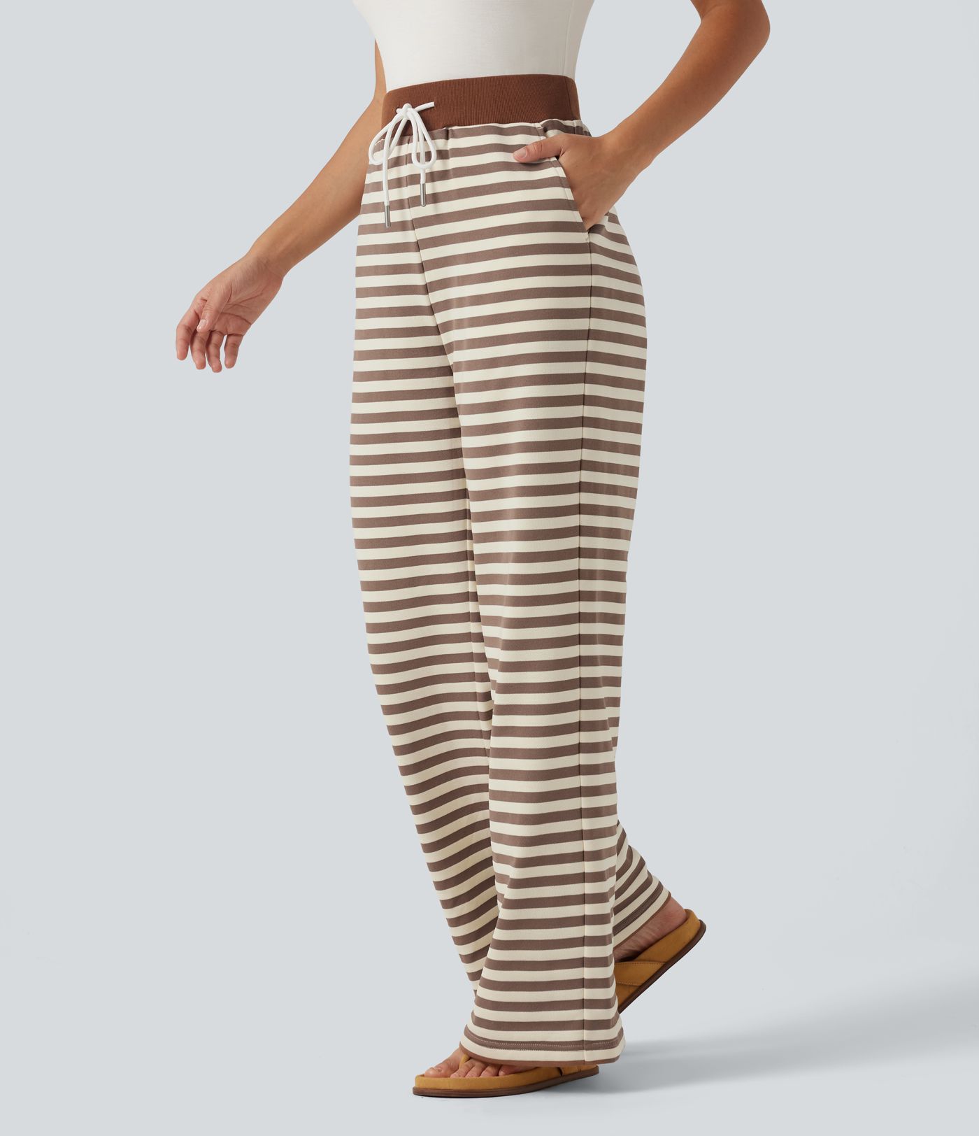 Mid Rise Drawstring Stripe Wide Leg Lounging Sweatpants with Pockets Mid Rise Drawstring Stripe Wide Leg Lounging Sweatpants with Pockets