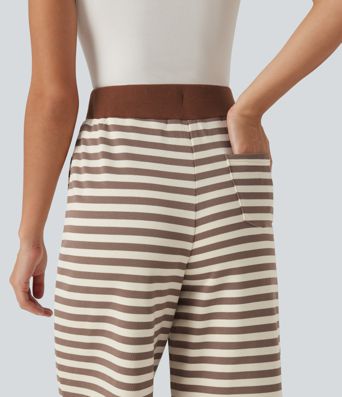 Mid Rise Drawstring Stripe Wide Leg Lounging Sweatpants with Pockets Mid Rise Drawstring Stripe Wide Leg Lounging Sweatpants with Pockets