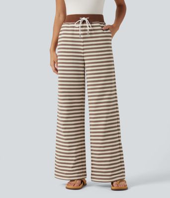 Mid Rise Drawstring Stripe Wide Leg Lounging Sweatpants with Pockets Mid Rise Drawstring Stripe Wide Leg Lounging Sweatpants with Pockets