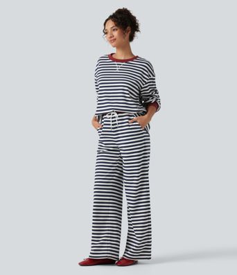 Round Neck Long Sleeve Striped Lounging Sweatshirt