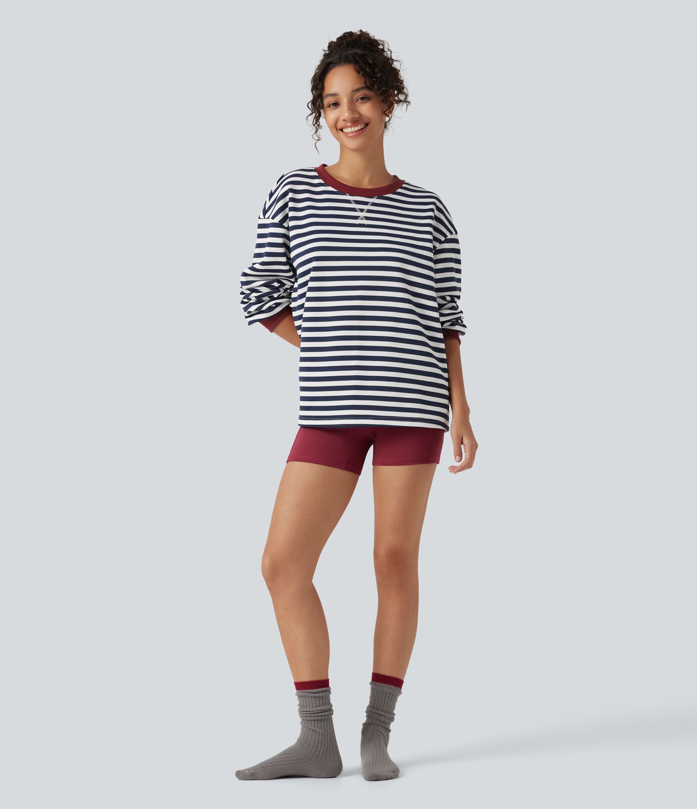 Round Neck Long Sleeve Striped Lounging Sweatshirt
