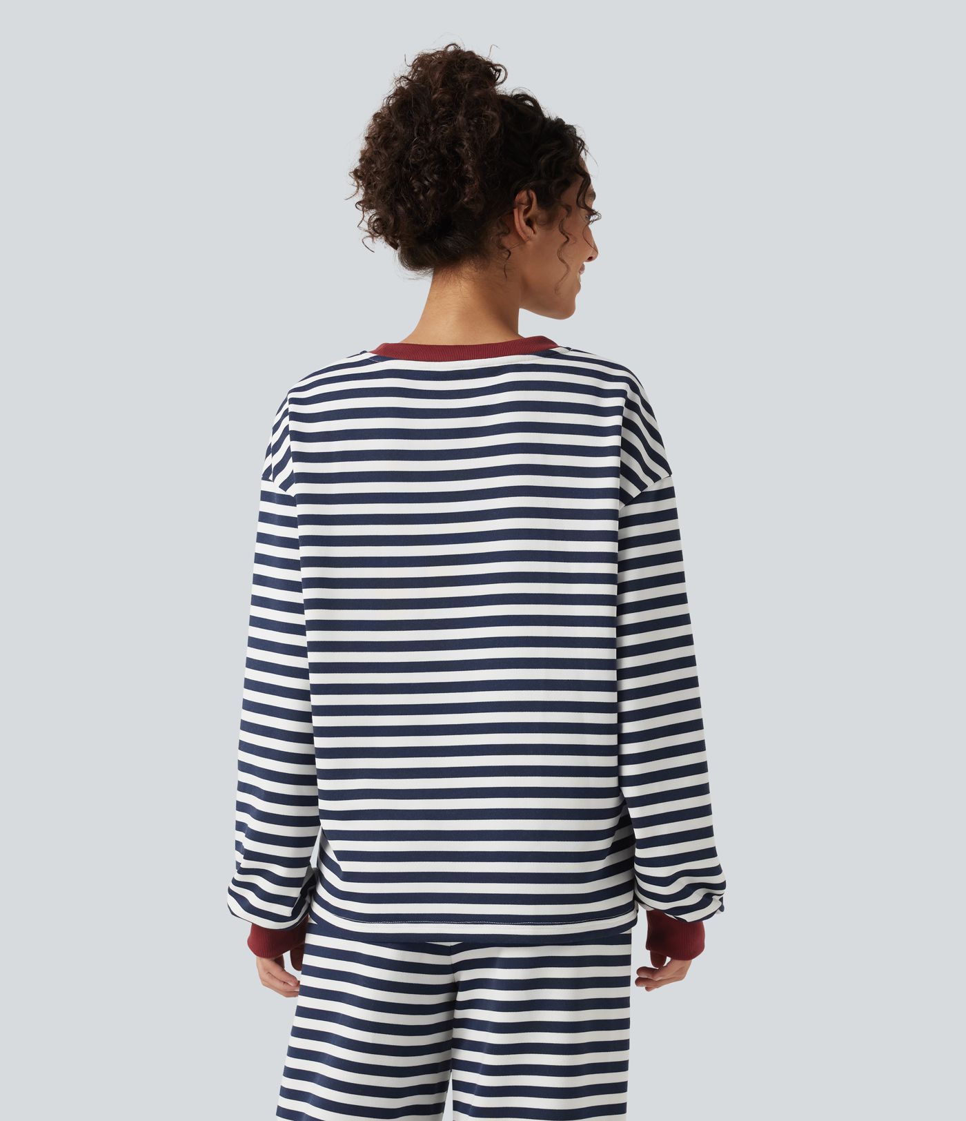 Round Neck Long Sleeve Striped Lounging Sweatshirt