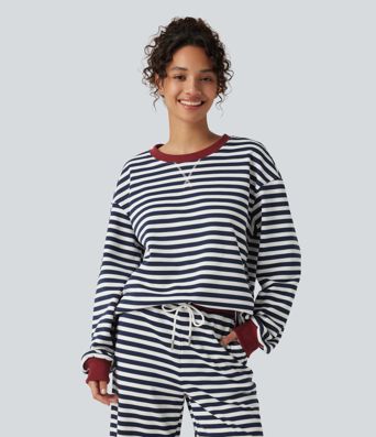 Round Neck Long Sleeve Striped Lounging Sweatshirt