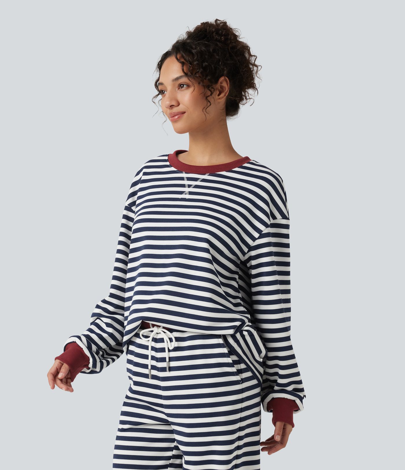 Round Neck Long Sleeve Striped Lounging Sweatshirt