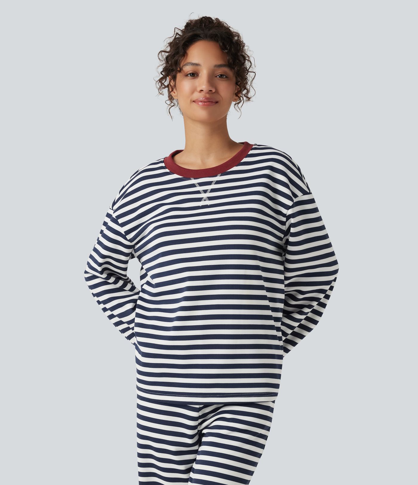Round Neck Long Sleeve Striped Lounging Sweatshirt