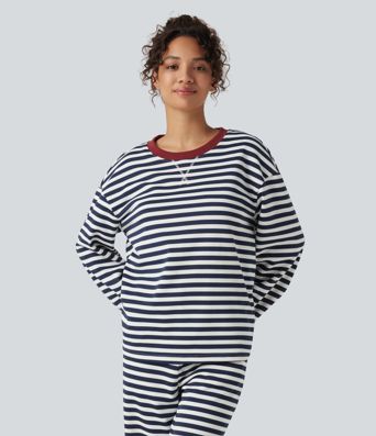Round Neck Long Sleeve Striped Lounging Sweatshirt