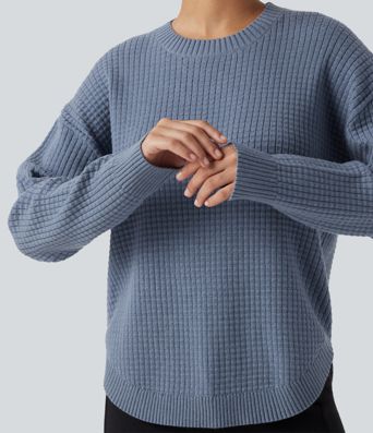 Round Neck Long Sleeve Curved Hem Work Sweater Round Neck Long Sleeve Curved Hem Work Sweater