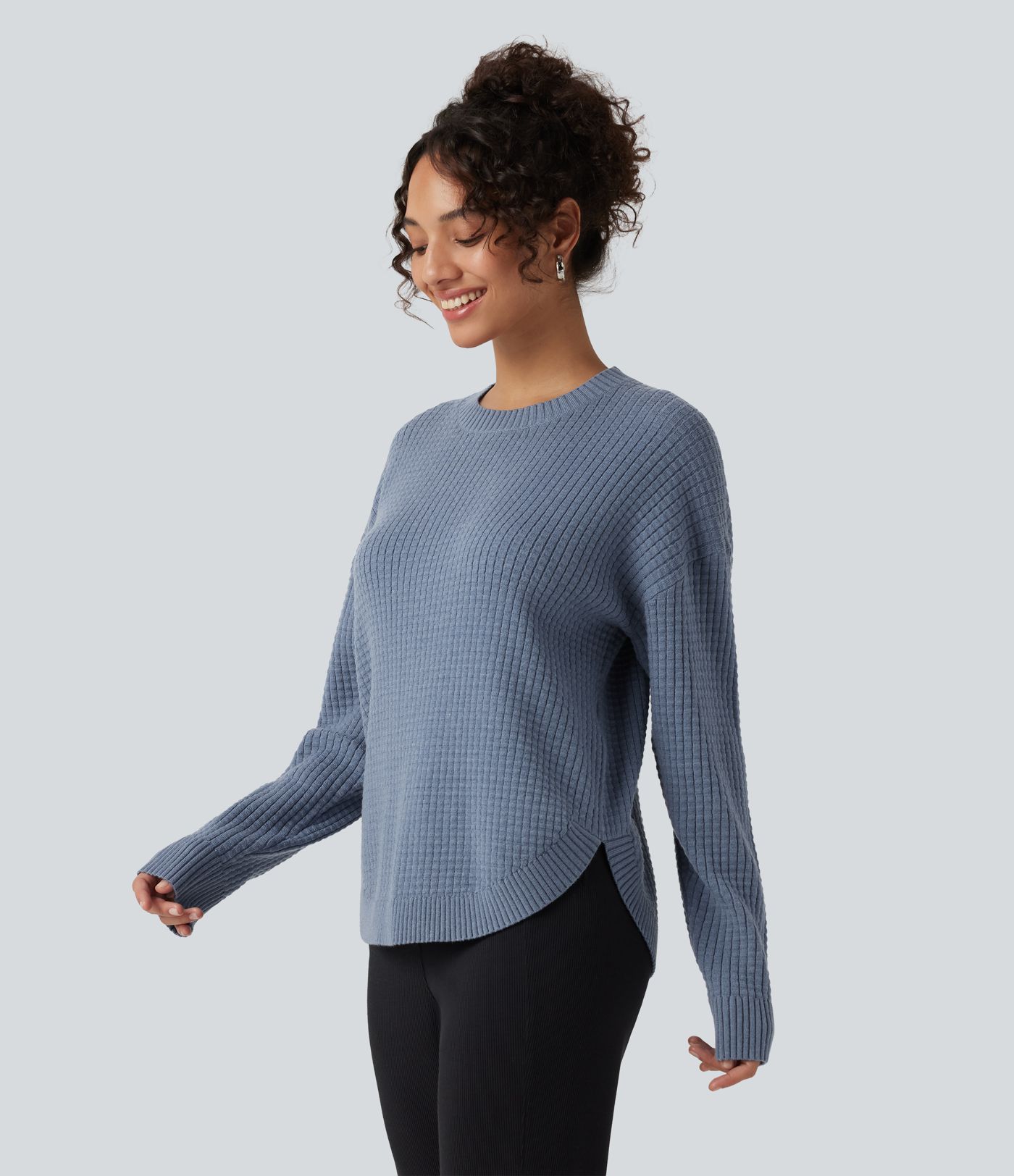Round Neck Long Sleeve Curved Hem Work Sweater Round Neck Long Sleeve Curved Hem Work Sweater