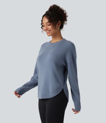 Round Neck Long Sleeve Curved Hem Work Sweater Round Neck Long Sleeve Curved Hem Work Sweater