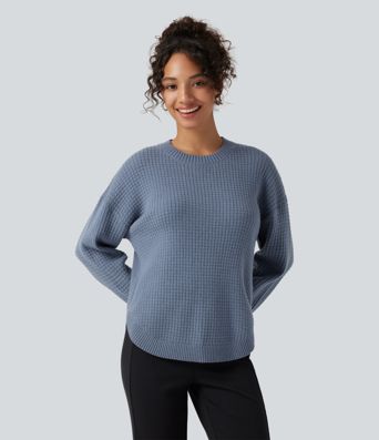 Round Neck Long Sleeve Curved Hem Work Sweater Round Neck Long Sleeve Curved Hem Work Sweater