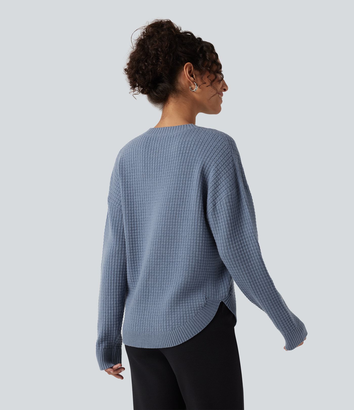 Round Neck Long Sleeve Curved Hem Work Sweater Round Neck Long Sleeve Curved Hem Work Sweater