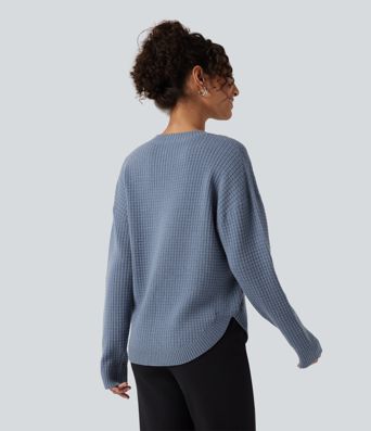 Round Neck Long Sleeve Curved Hem Work Sweater Round Neck Long Sleeve Curved Hem Work Sweater