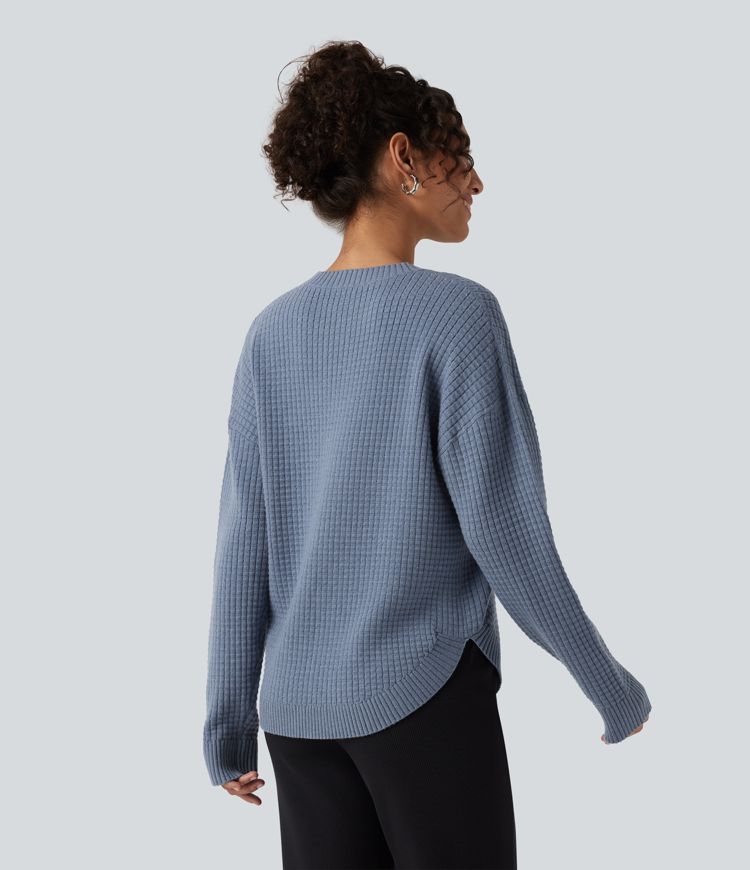 Round Neck Long Sleeve Curved Hem Work Sweater Round Neck Long Sleeve Curved Hem Work Sweater