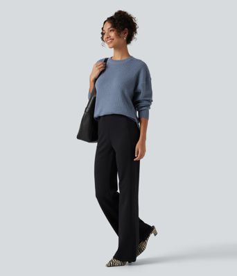 Round Neck Long Sleeve Curved Hem Work Sweater Round Neck Long Sleeve Curved Hem Work Sweater