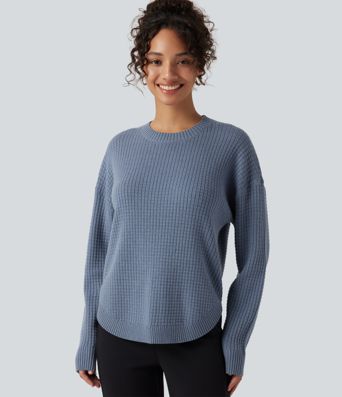 Round Neck Long Sleeve Curved Hem Work Sweater Round Neck Long Sleeve Curved Hem Work Sweater