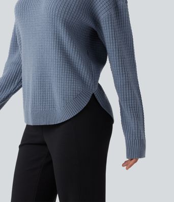 Round Neck Long Sleeve Curved Hem Work Sweater Round Neck Long Sleeve Curved Hem Work Sweater