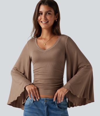 Ribbed V Neck Flounce Sleeve Ruched Casual T-Shirt Ribbed V Neck Flounce Sleeve Ruched Casual T-Shirt