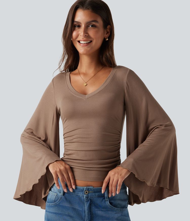 Ribbed V Neck Flounce Sleeve Ruched Casual T-Shirt Ribbed V Neck Flounce Sleeve Ruched Casual T-Shirt