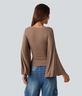 Ribbed V Neck Flounce Sleeve Ruched Casual T-Shirt Ribbed V Neck Flounce Sleeve Ruched Casual T-Shirt