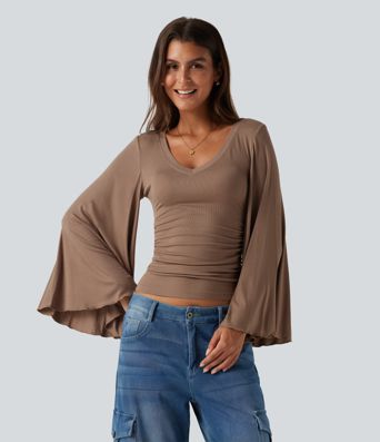 Ribbed V Neck Flounce Sleeve Ruched Casual T-Shirt Ribbed V Neck Flounce Sleeve Ruched Casual T-Shirt