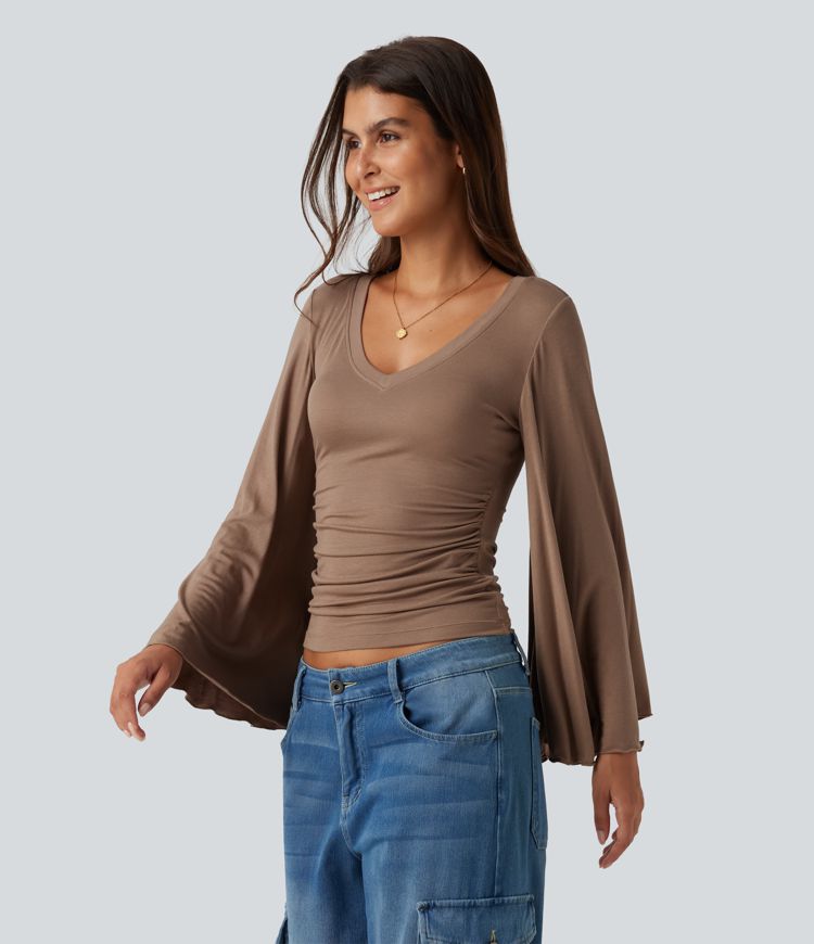 Ribbed V Neck Flounce Sleeve Ruched Casual T-Shirt Ribbed V Neck Flounce Sleeve Ruched Casual T-Shirt