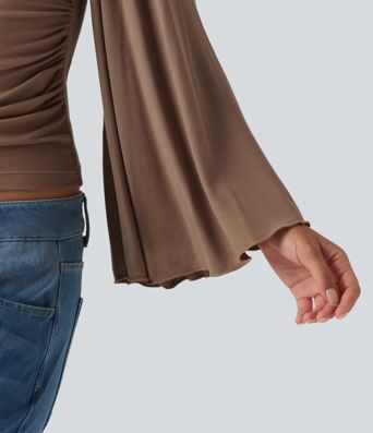 Ribbed V Neck Flounce Sleeve Ruched Casual T-Shirt Ribbed V Neck Flounce Sleeve Ruched Casual T-Shirt