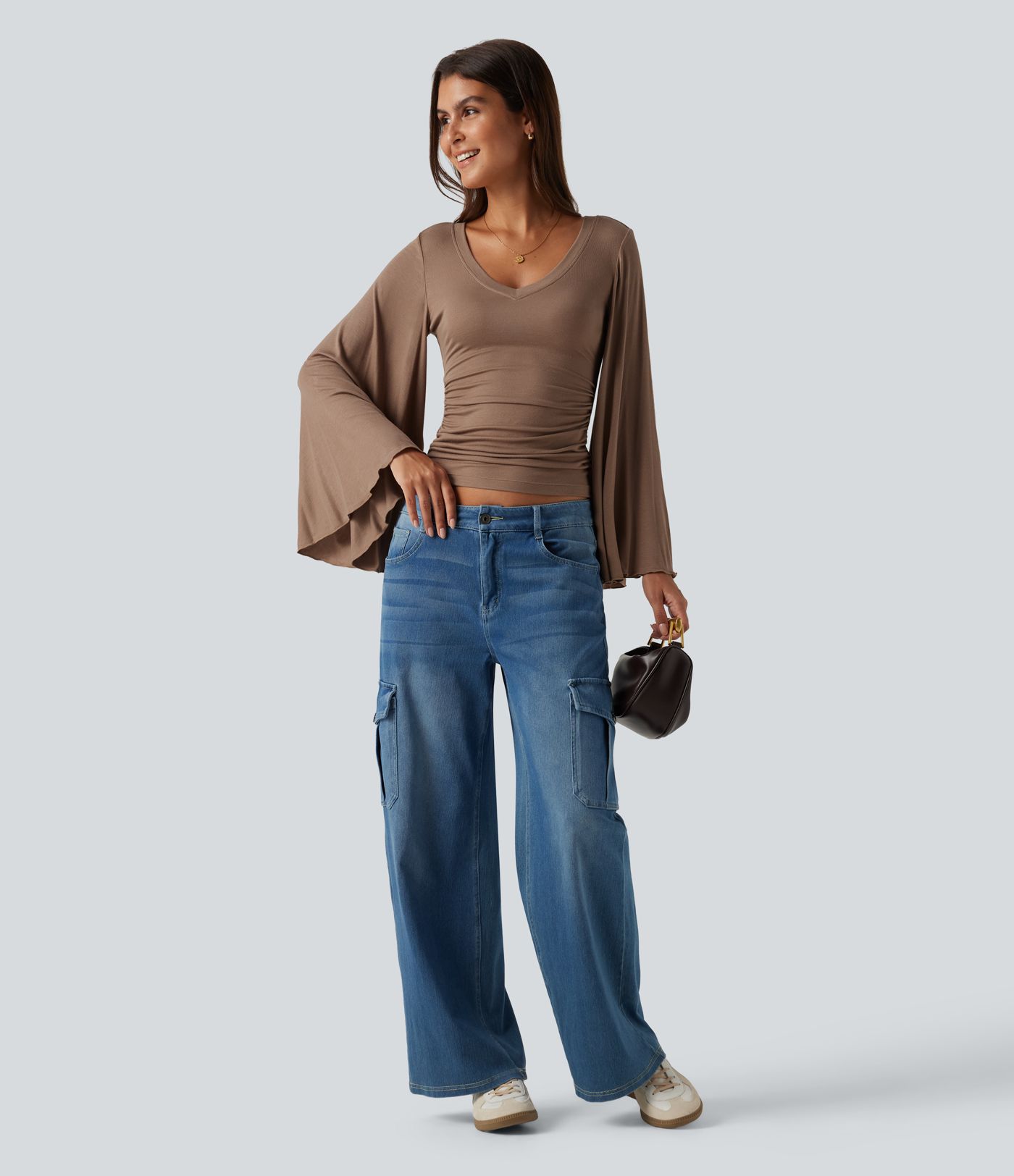 Ribbed V Neck Flounce Sleeve Ruched Casual T-Shirt Ribbed V Neck Flounce Sleeve Ruched Casual T-Shirt
