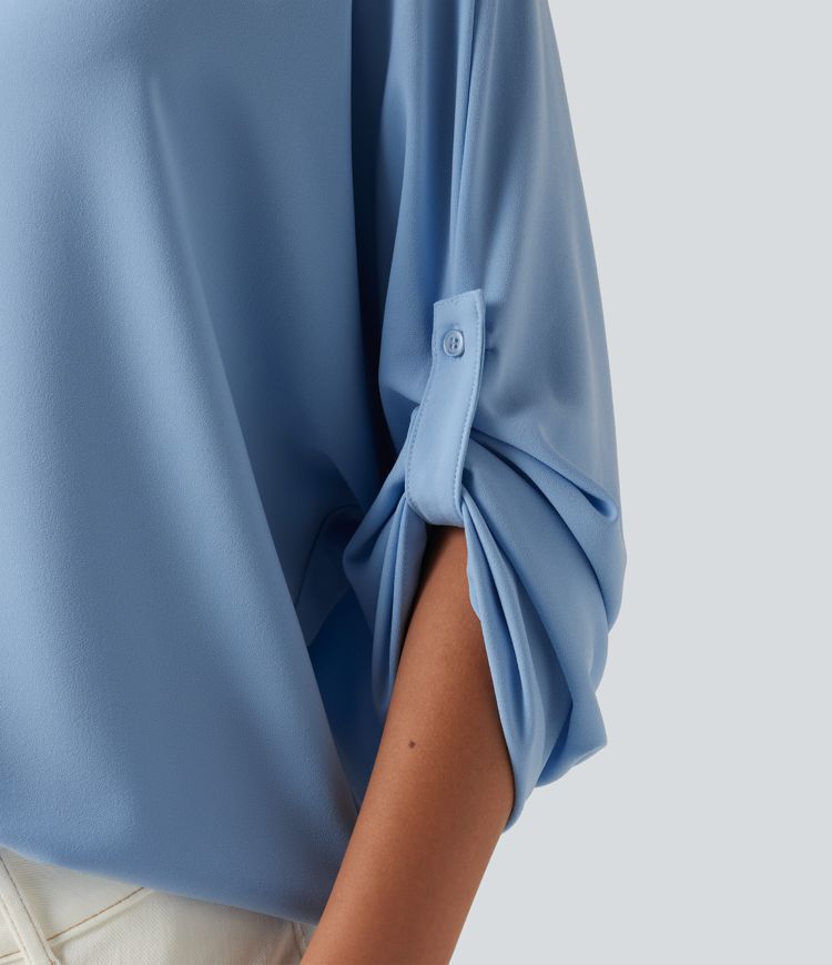 V Neck Batwing Long Sleeve Work Blouse