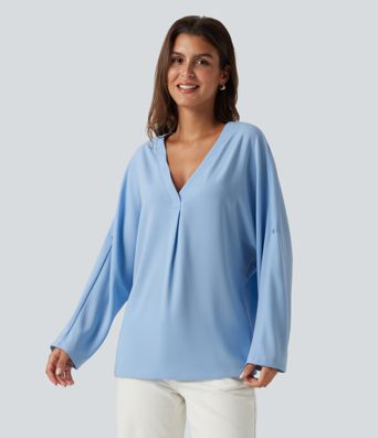 V Neck Batwing Long Sleeve Work Blouse