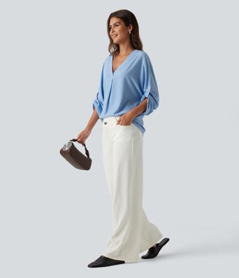V Neck Batwing Long Sleeve Work Blouse