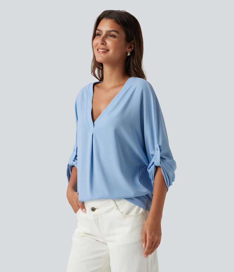 V Neck Batwing Long Sleeve Work Blouse