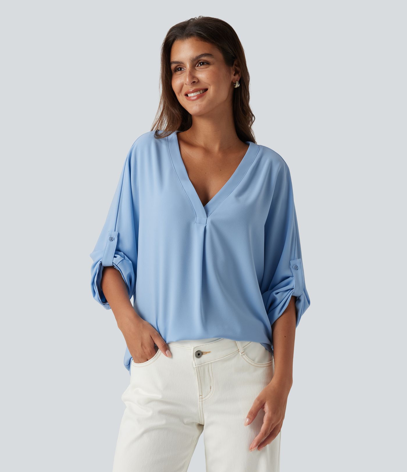 V Neck Batwing Long Sleeve Work Blouse