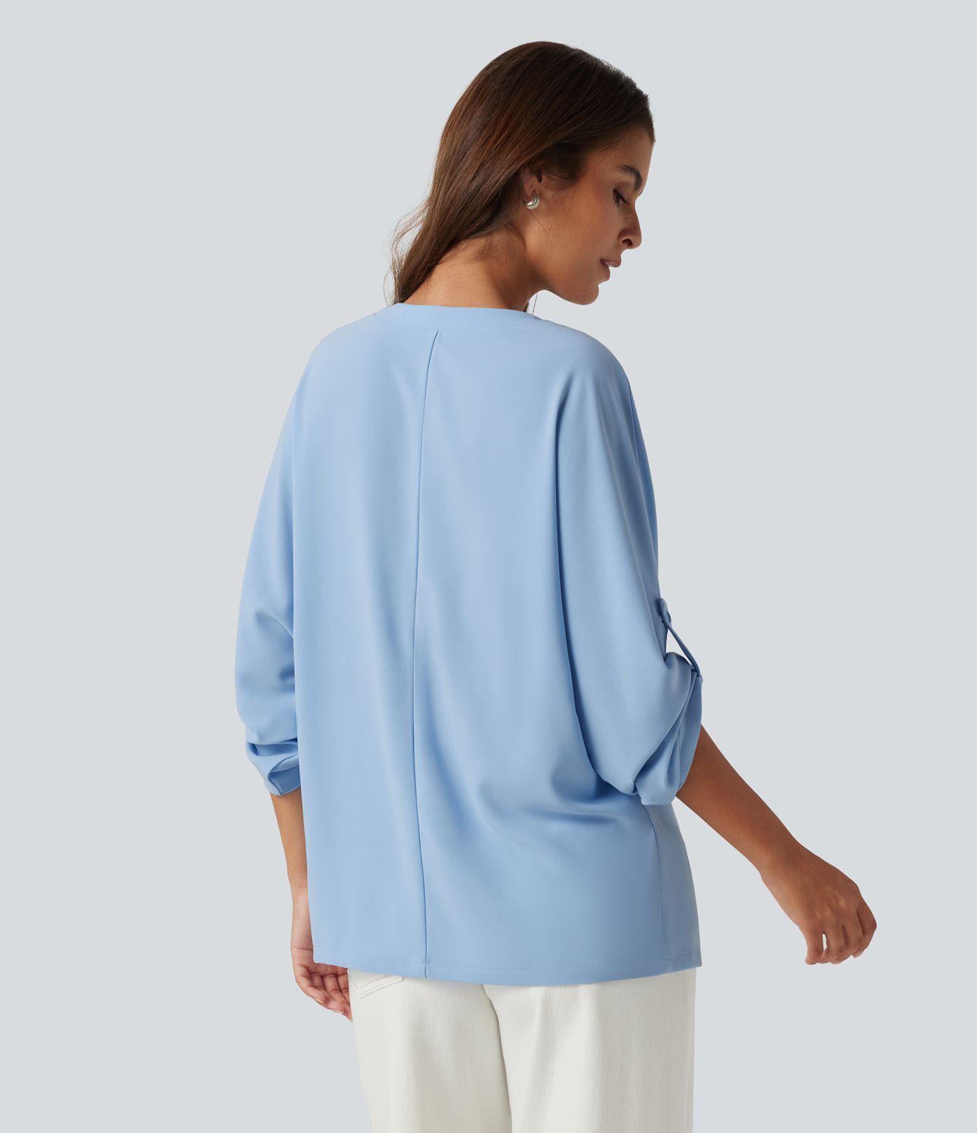 V Neck Batwing Long Sleeve Work Blouse