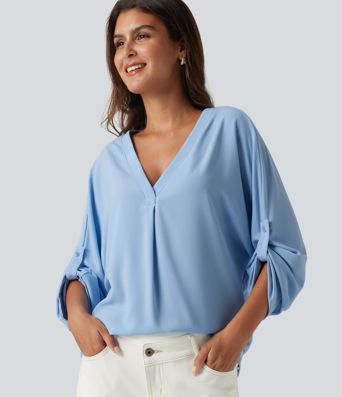 V Neck Batwing Long Sleeve Work Blouse