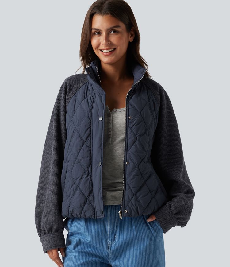 High Neck Long Sleeve Raglan Casual Padded Jacket with Pockets High Neck Long Sleeve Raglan Casual Padded Jacket with Pockets