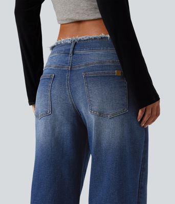 Low Rise Raw Hem Wide Leg Casual Jeans with Pockets Low Rise Raw Hem Wide Leg Casual Jeans with Pockets