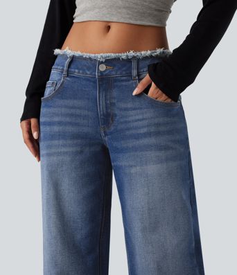 Low Rise Raw Hem Wide Leg Casual Jeans with Pockets Low Rise Raw Hem Wide Leg Casual Jeans with Pockets