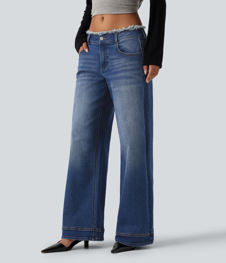 Low Rise Raw Hem Wide Leg Casual Jeans with Pockets Low Rise Raw Hem Wide Leg Casual Jeans with Pockets