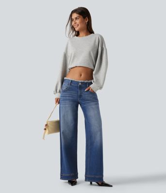 Low Rise Raw Hem Wide Leg Casual Jeans with Pockets Low Rise Raw Hem Wide Leg Casual Jeans with Pockets