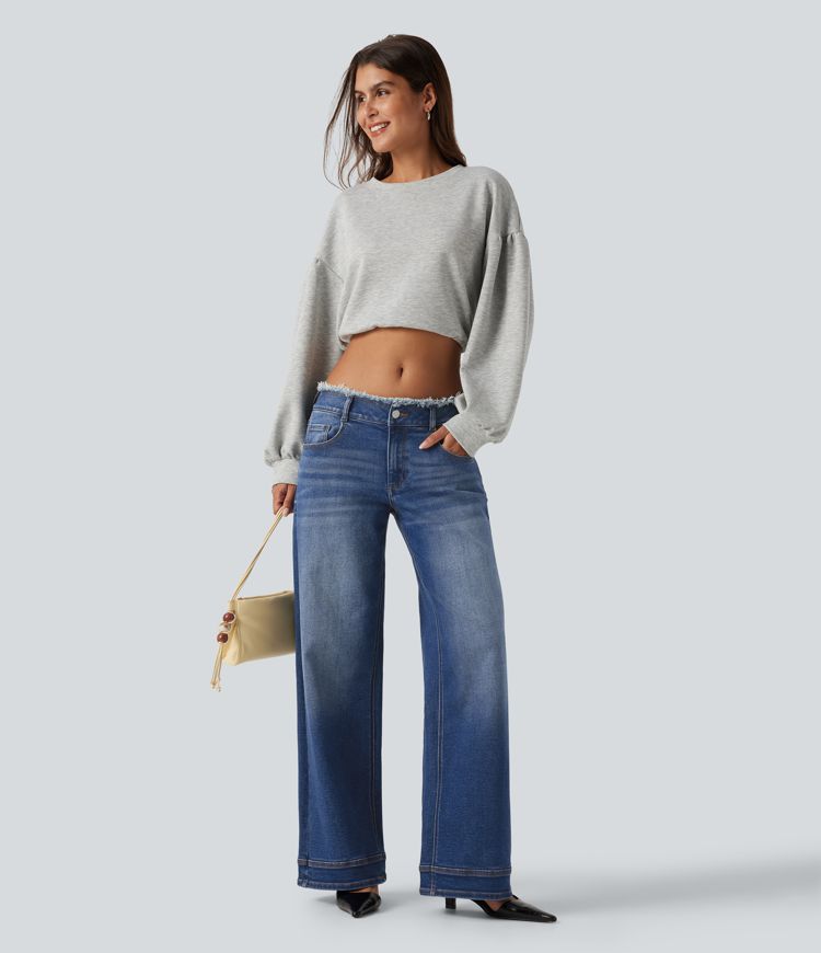 Low Rise Raw Hem Wide Leg Casual Jeans with Pockets Low Rise Raw Hem Wide Leg Casual Jeans with Pockets