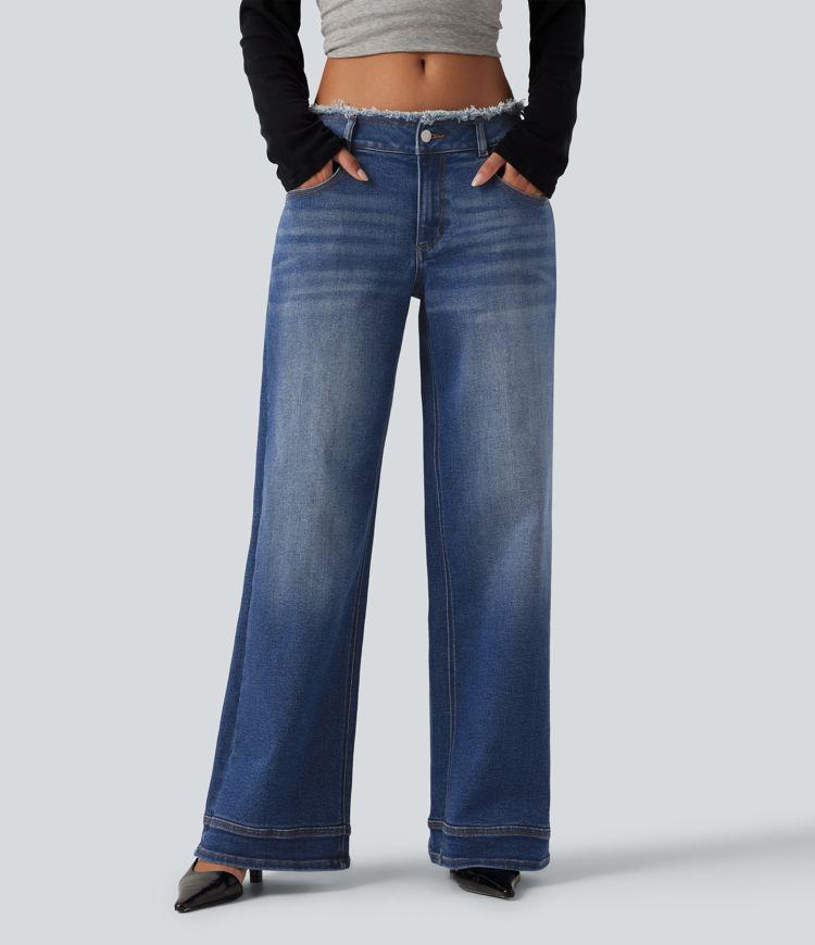 Low Rise Raw Hem Wide Leg Casual Jeans with Pockets Low Rise Raw Hem Wide Leg Casual Jeans with Pockets