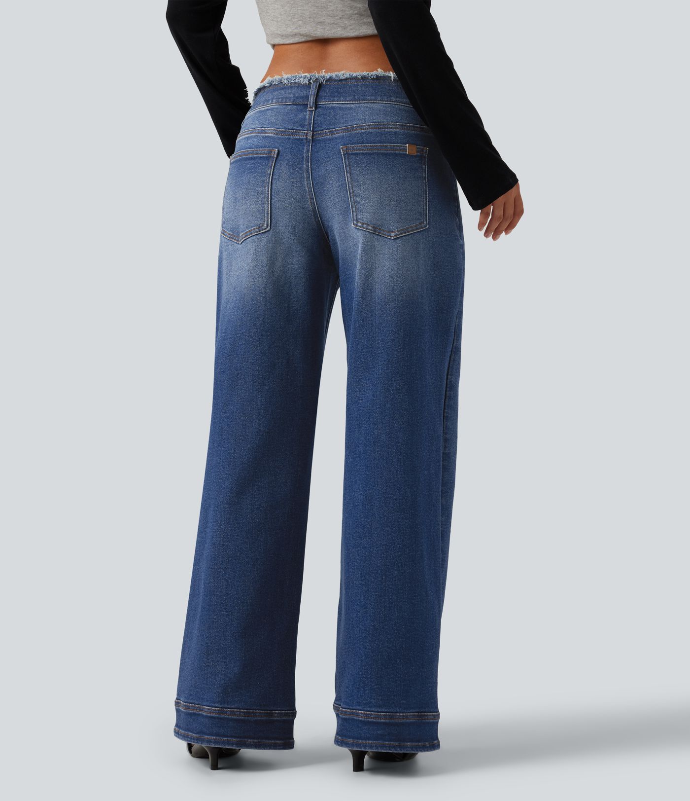 Low Rise Raw Hem Wide Leg Casual Jeans with Pockets Low Rise Raw Hem Wide Leg Casual Jeans with Pockets