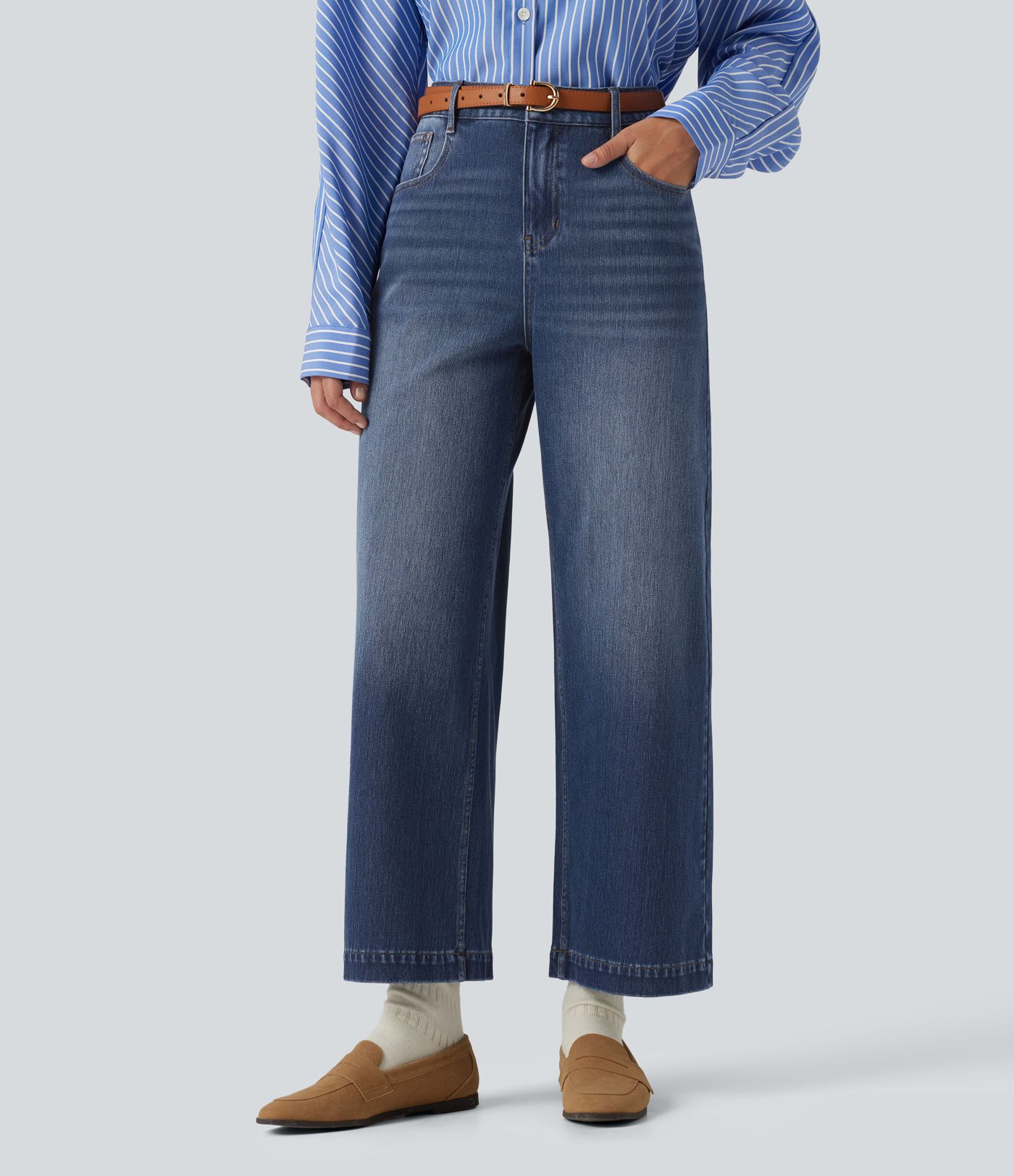 Halara Flex™ vaqueros informales de talle alto y pierna ancha con bolsillos Halara Flex™ vaqueros informales de talle alto y pierna ancha con bolsillos