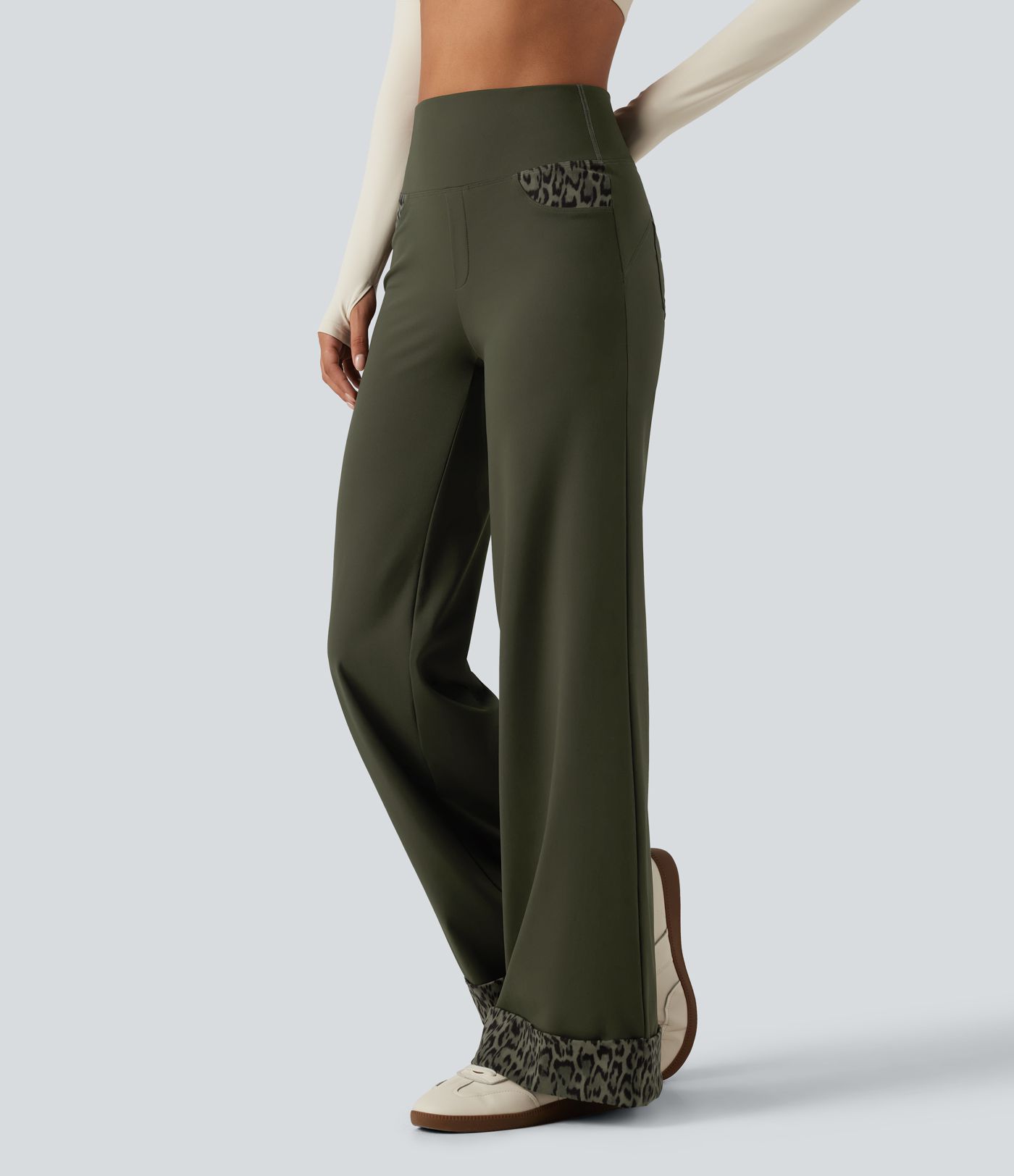 High Waisted Leopard Tummy Control Wide Leg Yoga Pants with Pockets