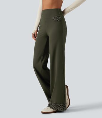 High Waisted Leopard Tummy Control Wide Leg Yoga Pants with Pockets