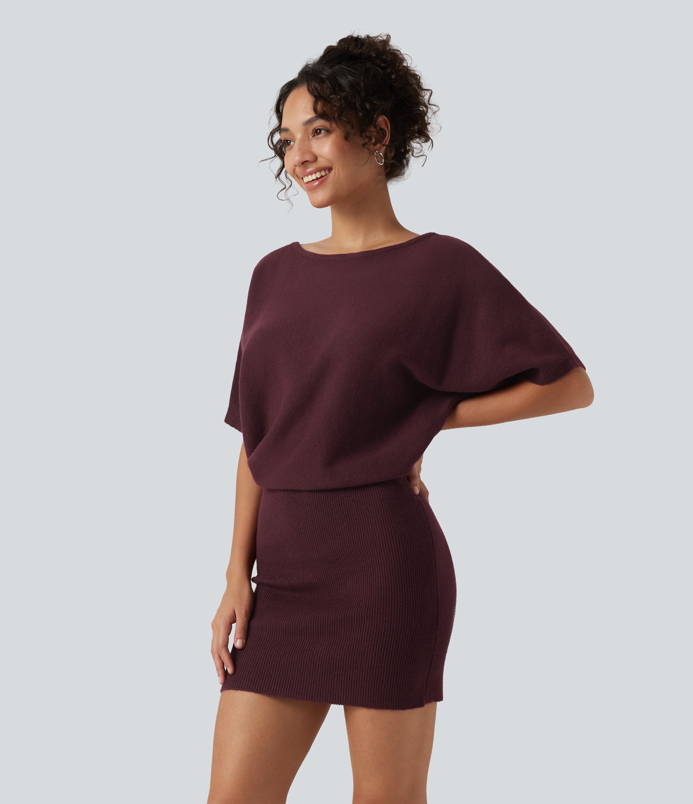Ribbed Knit Boat Neck Batwing Short Sleeve Loose fit Mini Casual Dress