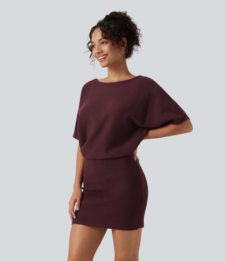 Ribbed Knit Boat Neck Batwing Short Sleeve Loose fit Mini Casual Dress