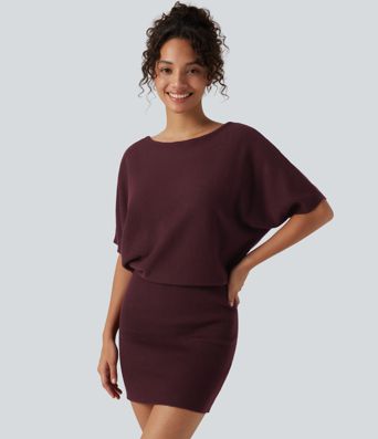 Ribbed Knit Boat Neck Batwing Short Sleeve Loose fit Mini Casual Dress